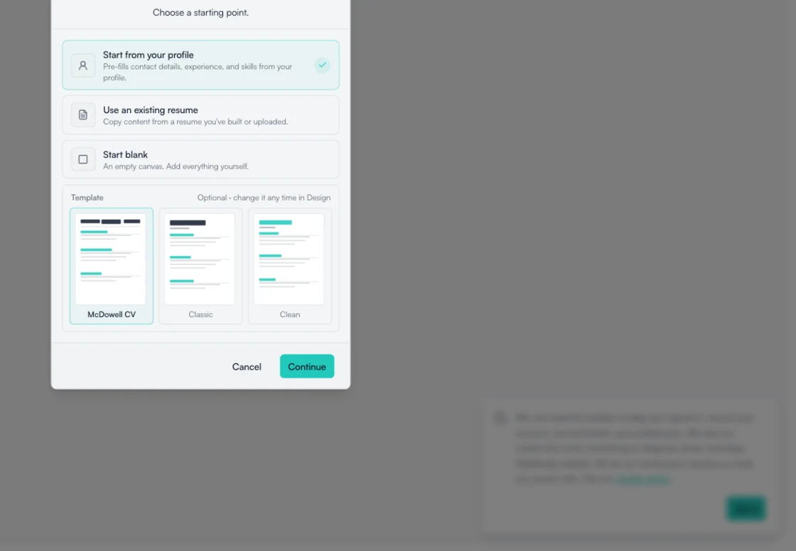 The new-resume dialog in RoleReady with four template choices, a resume name field, and a Start button.